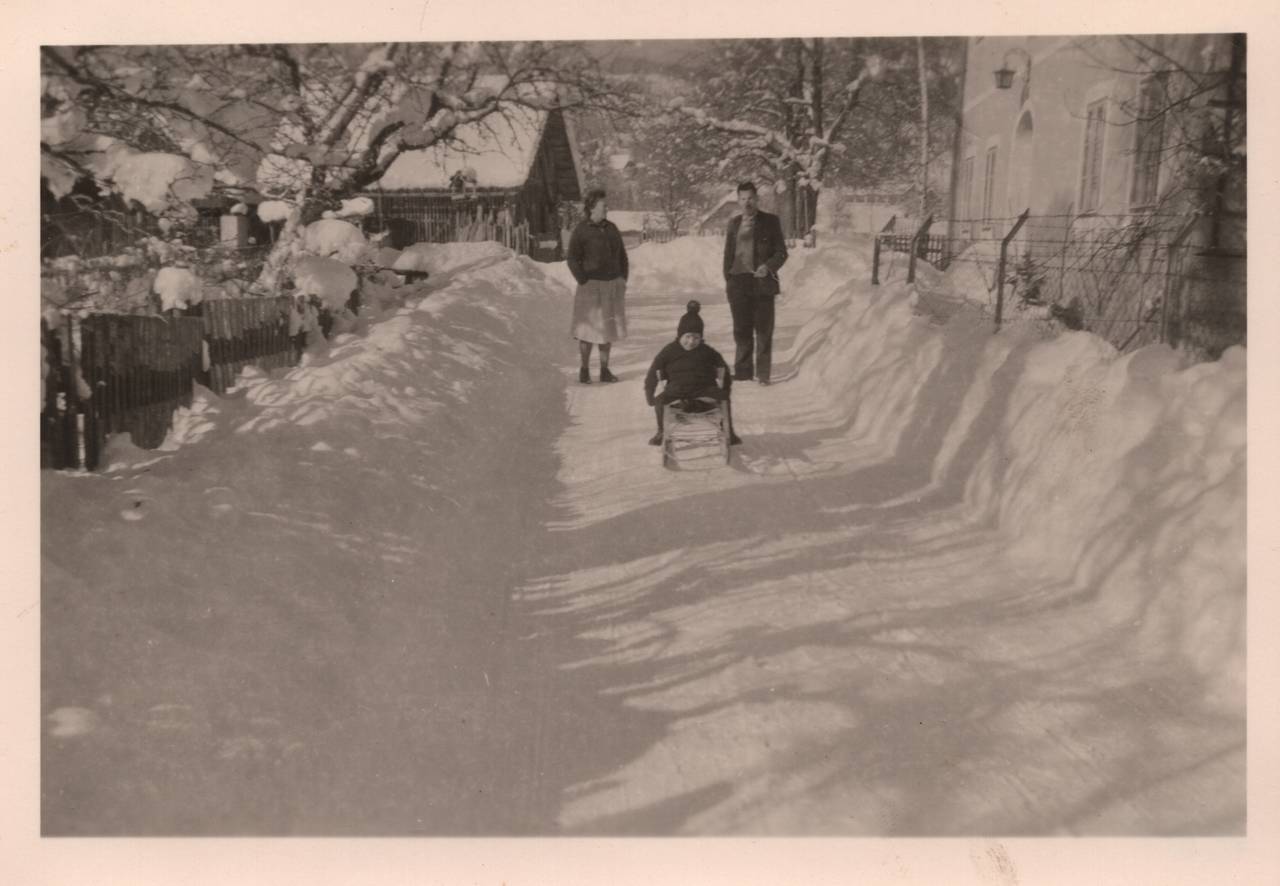 Baum, Frau, Haus, Kind, Mann, Schlitten, Schnee, Tiffen