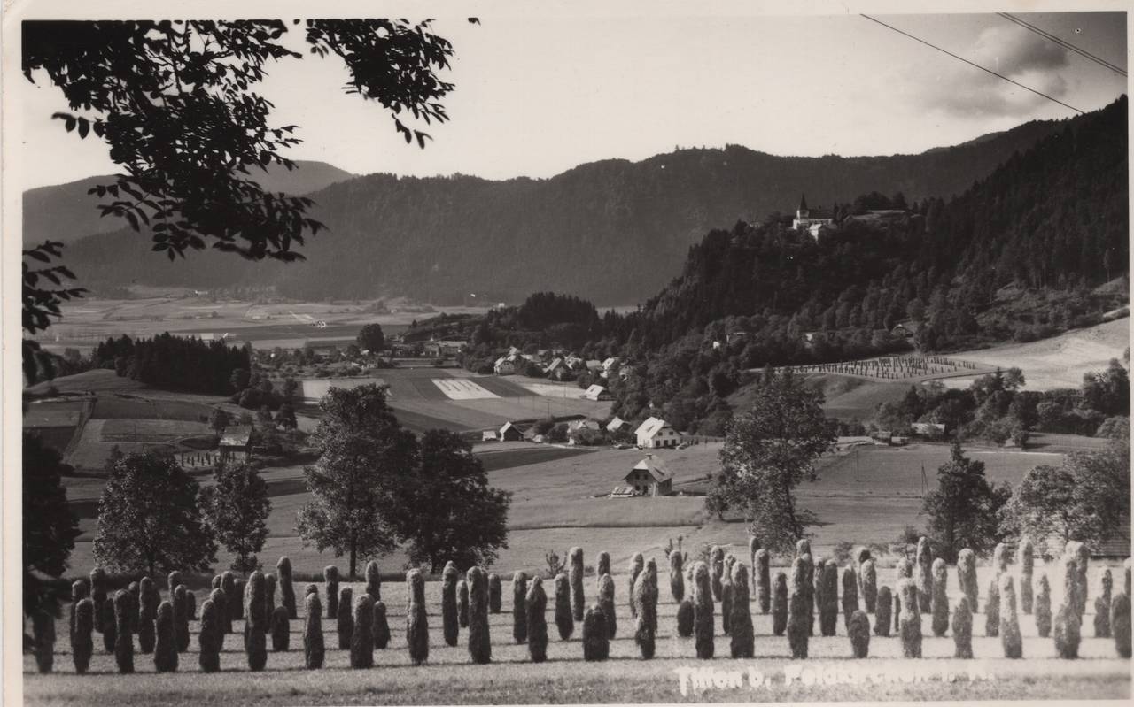 Baum, Feld, Haus, Heu, Kirche, Ossiacher Tauern, Pfarrkirche, Postkarte, Tiffen