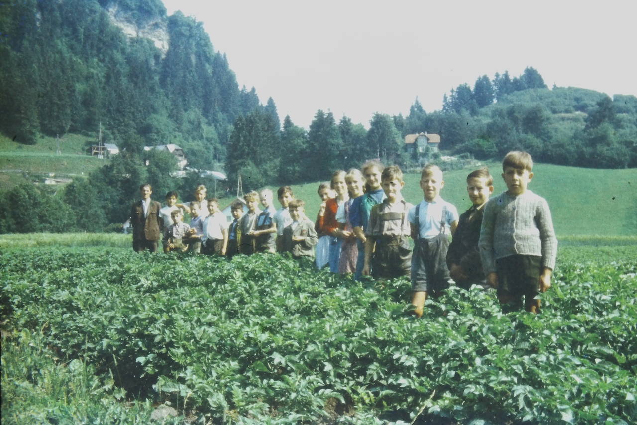 Bub, Feld, Kind, Lederhose, Lehrer, Mädchen, Mann, Strickjacke, Thomale Bauer, Tiffen, Volksschule